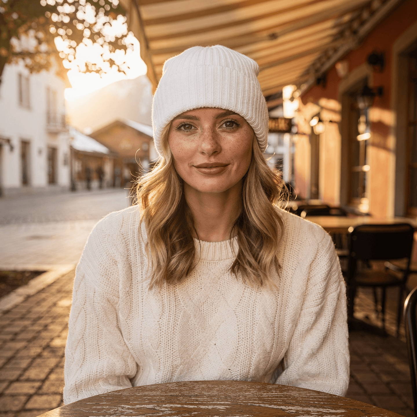 White Ribbed Knit Cuffed Beanie Mockup - Café Setting — Front View on Model