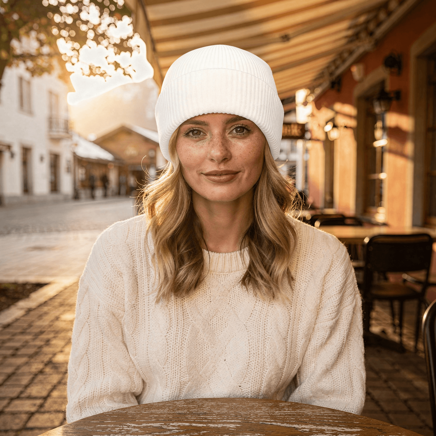 White Ribbed Knit Cuffed Beanie Mockup - Café Setting — Three-Quarter Worn View