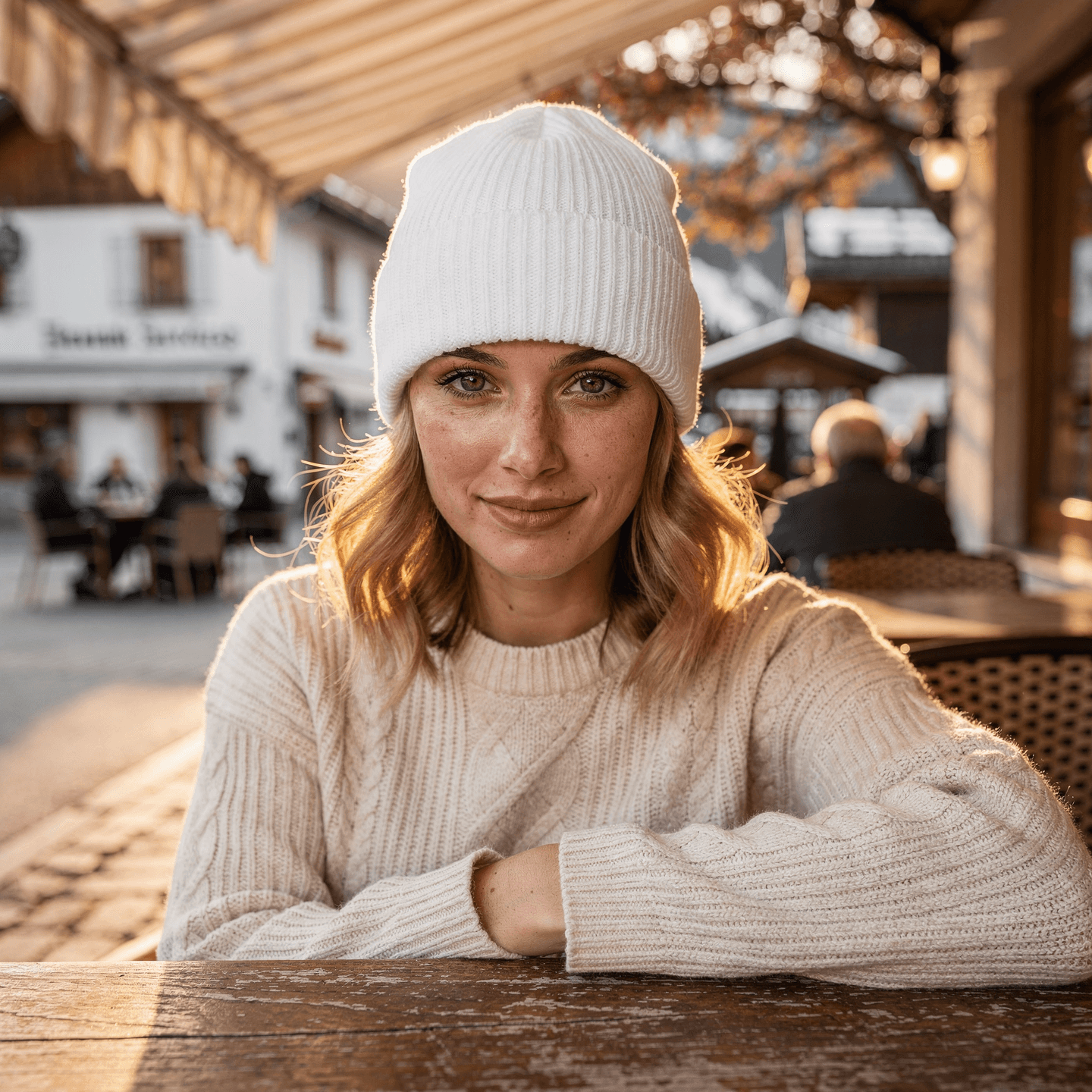 White Ribbed Knit Cuffed Beanie Mockup - Café