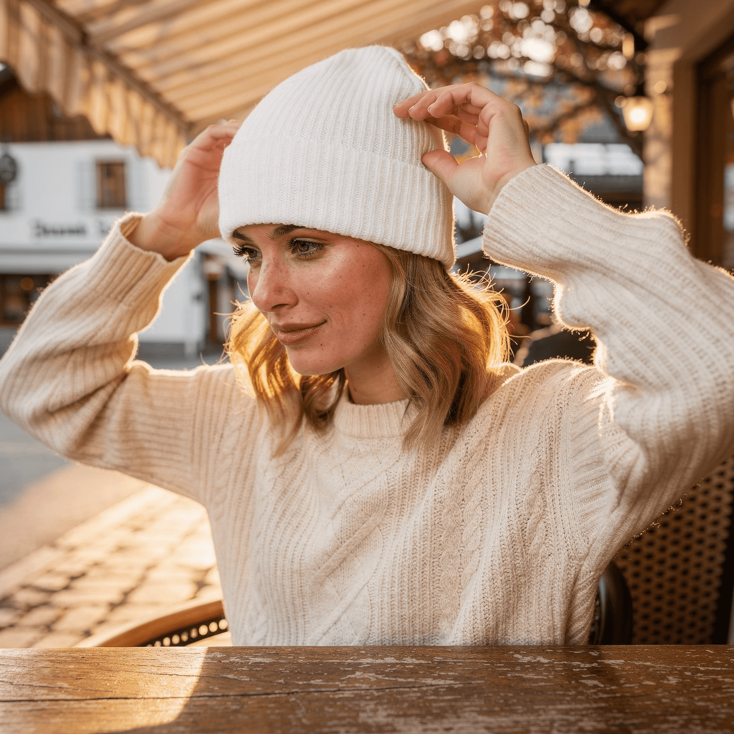 White Ribbed Knit Cuffed Beanie Mockup - Café — Lifestyle - Holding/Adjusting