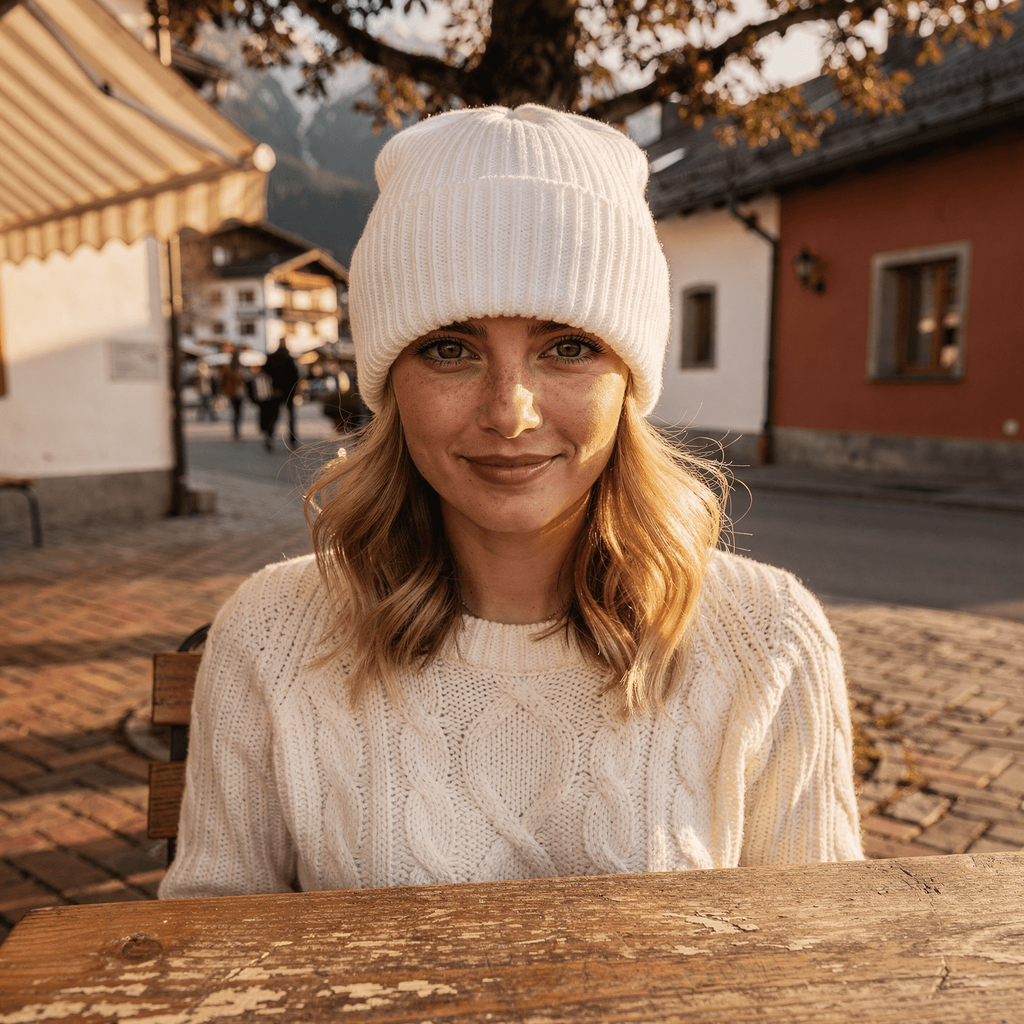 White Ribbed Knit Cuffed Beanie Mockup - 6 Angles — Front View on Model