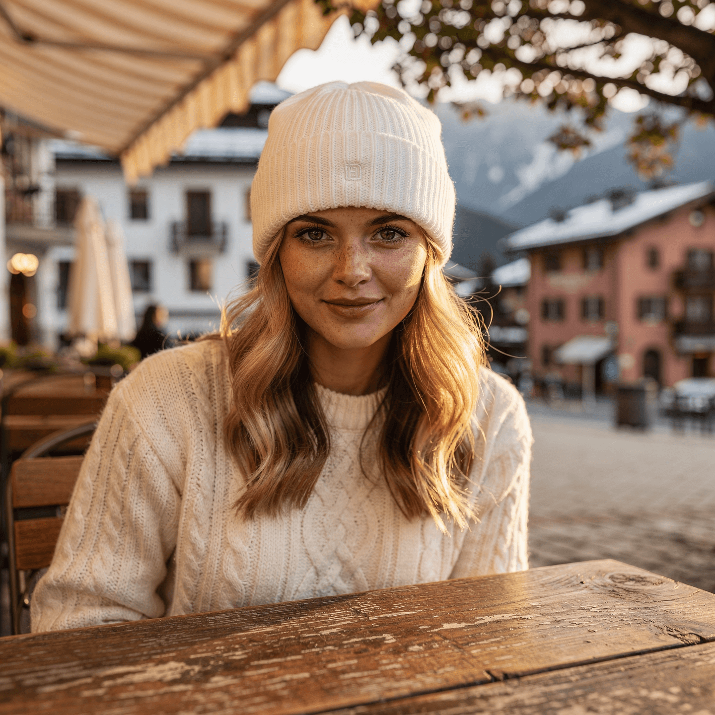 White Ribbed Knit Cuffed Beanie Mockup on Model