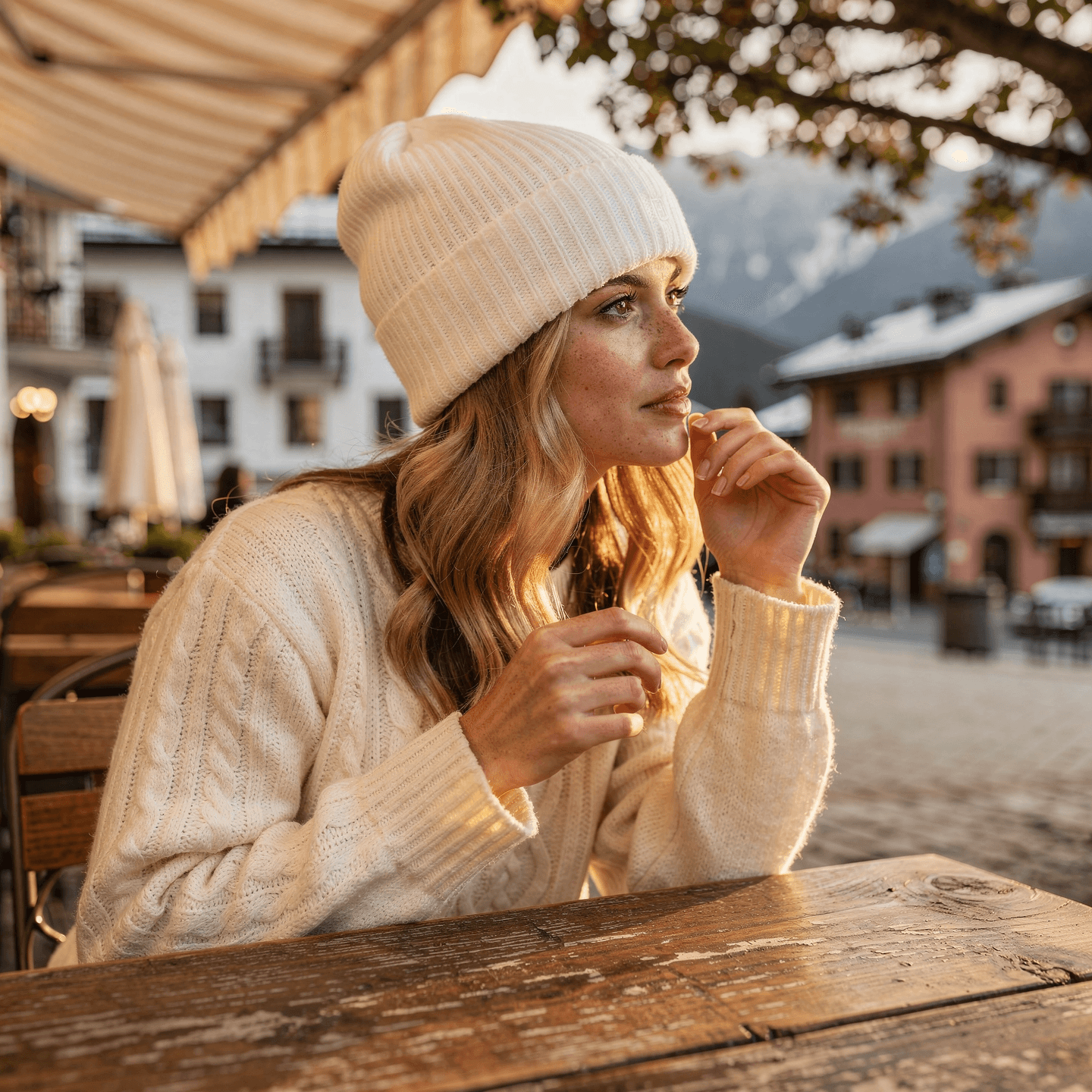 White Ribbed Knit Cuffed Beanie Mockup on Model — Lifestyle - Holding/Adjusting