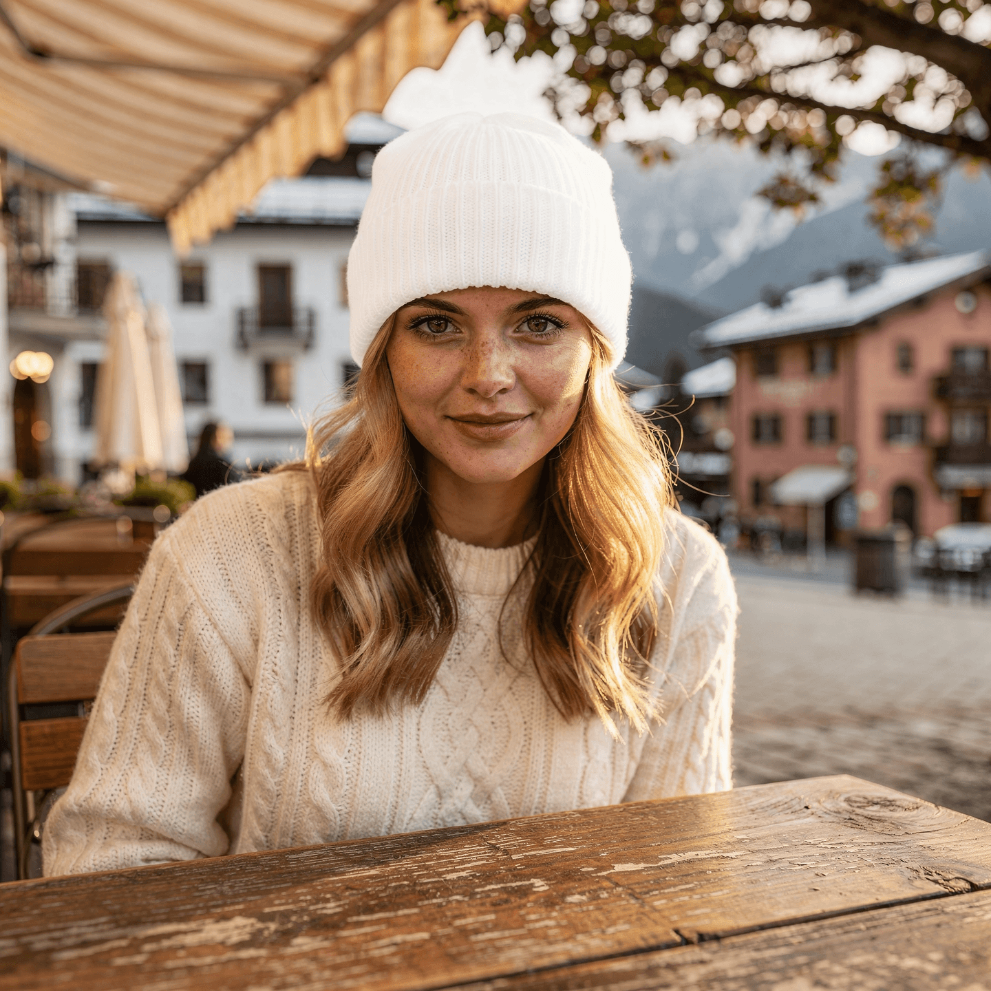 White Ribbed Knit Cuffed Beanie Mockup on Model — Three-Quarter Worn View