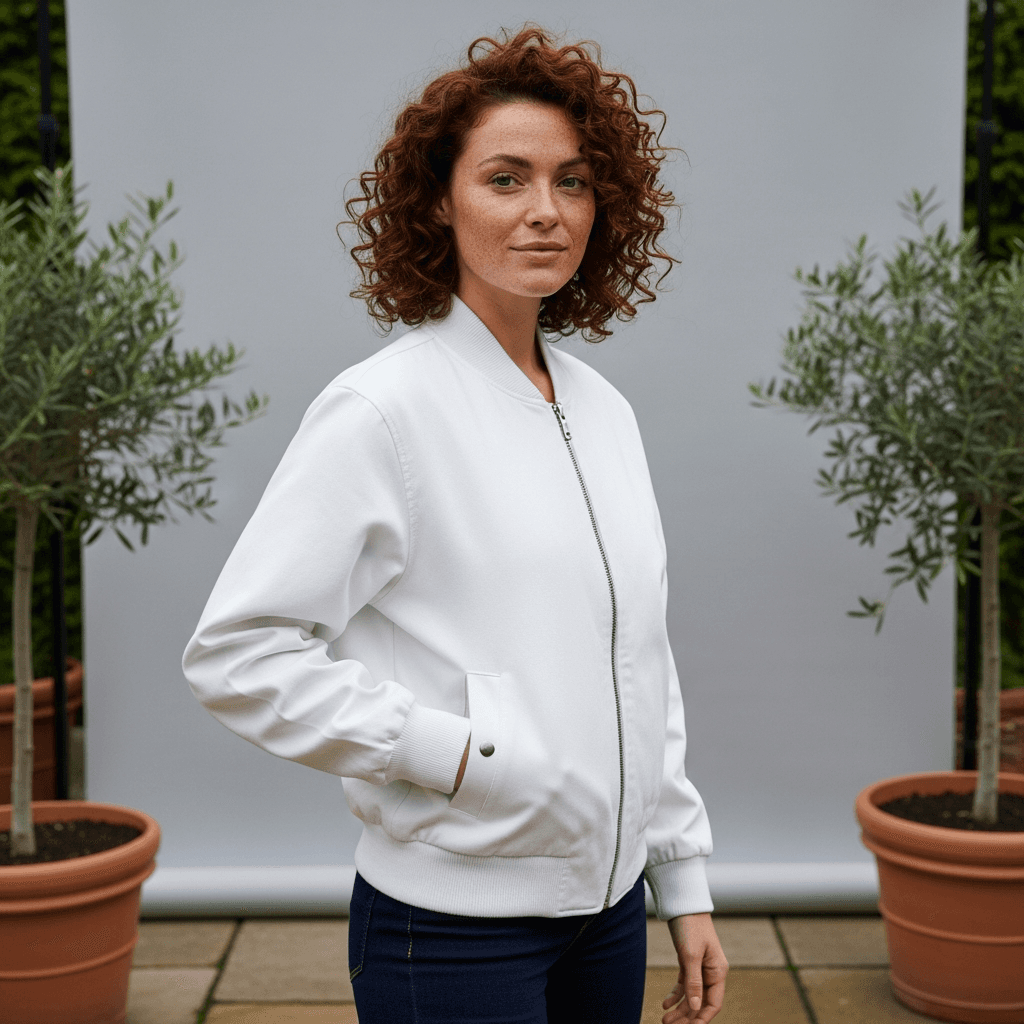 White Cotton Blend Bomber Jacket on Female Model