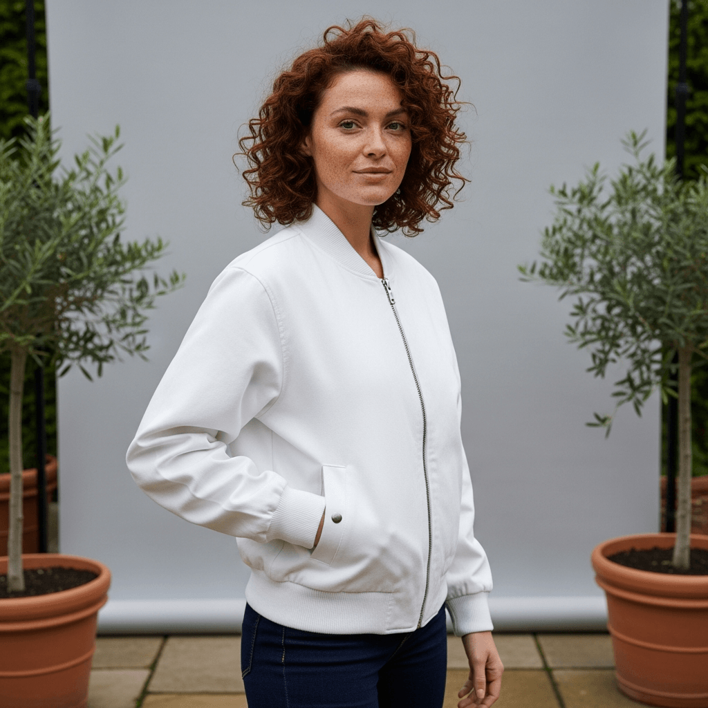 White Cotton Blend Bomber Jacket on Female Model
