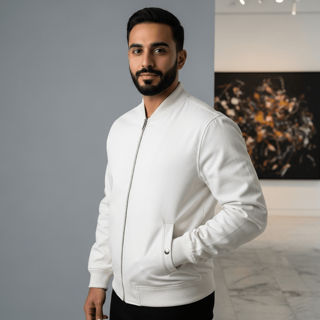 White Organic Cotton Bomber Jacket on Male Model