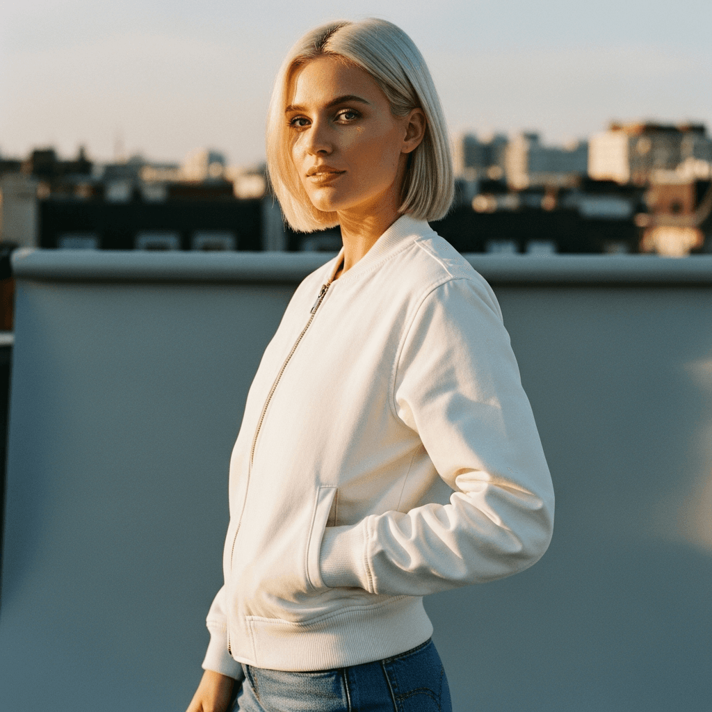 White Polyester Bomber Jacket Mockup on Female Model