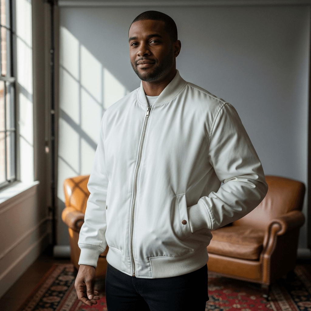 White Tri-Blend Bomber Jacket on Male Model