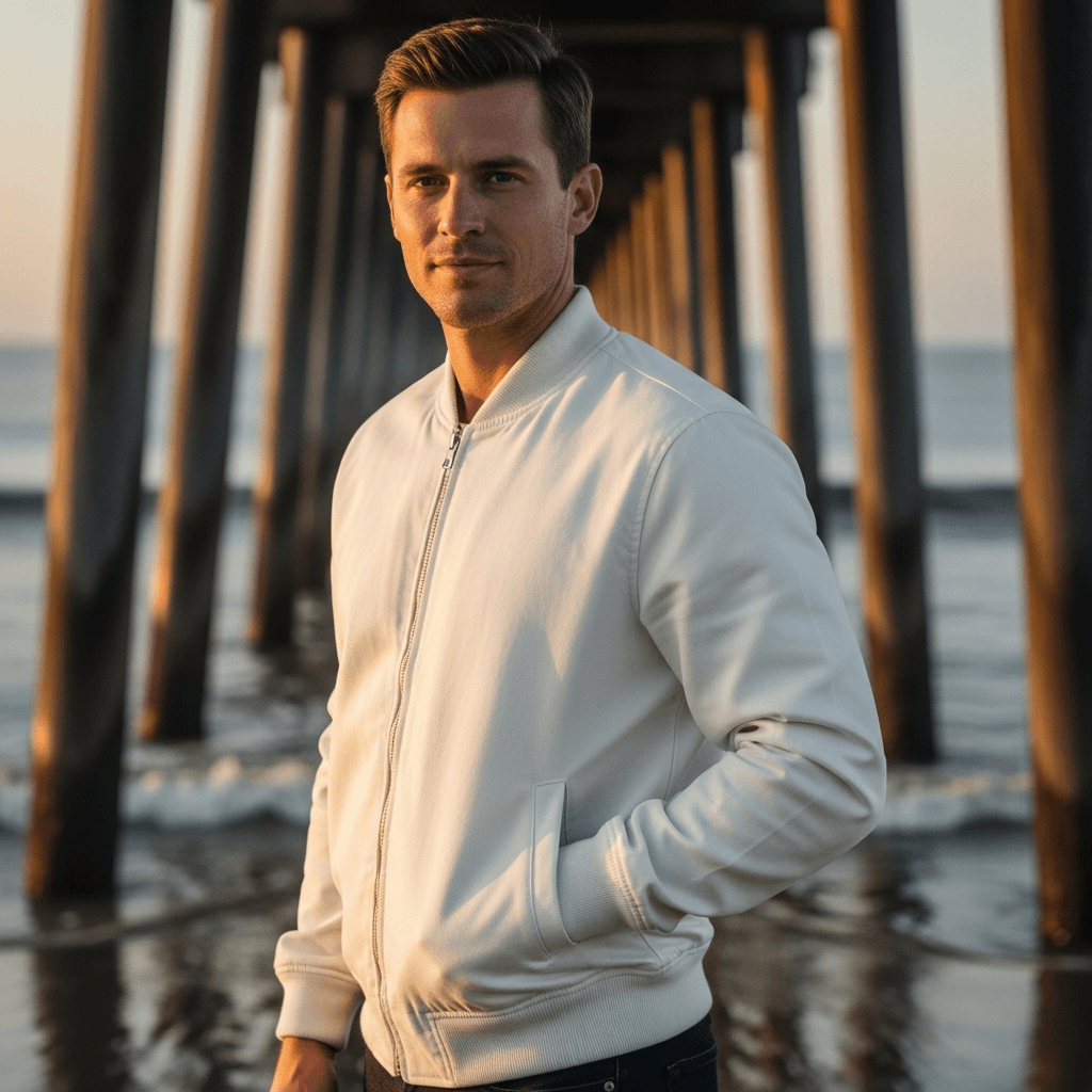 White Cotton Bomber Jacket Mockup on Male Model