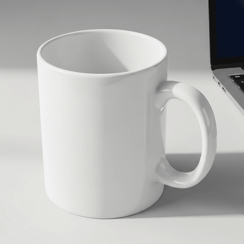 White Ceramic Mug Mockup - Modern Office, 6 Angles