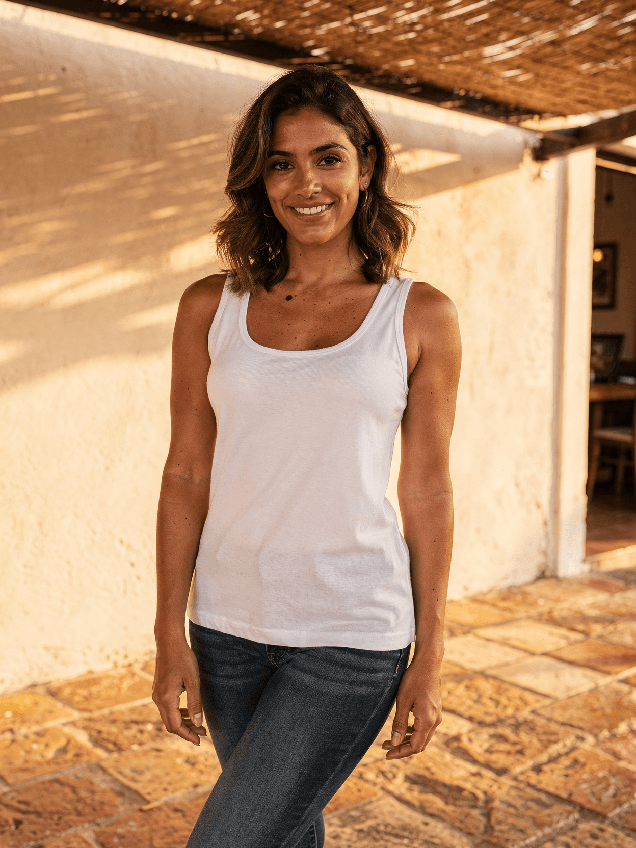 White Cotton Classic Tank Mockup on Female Model