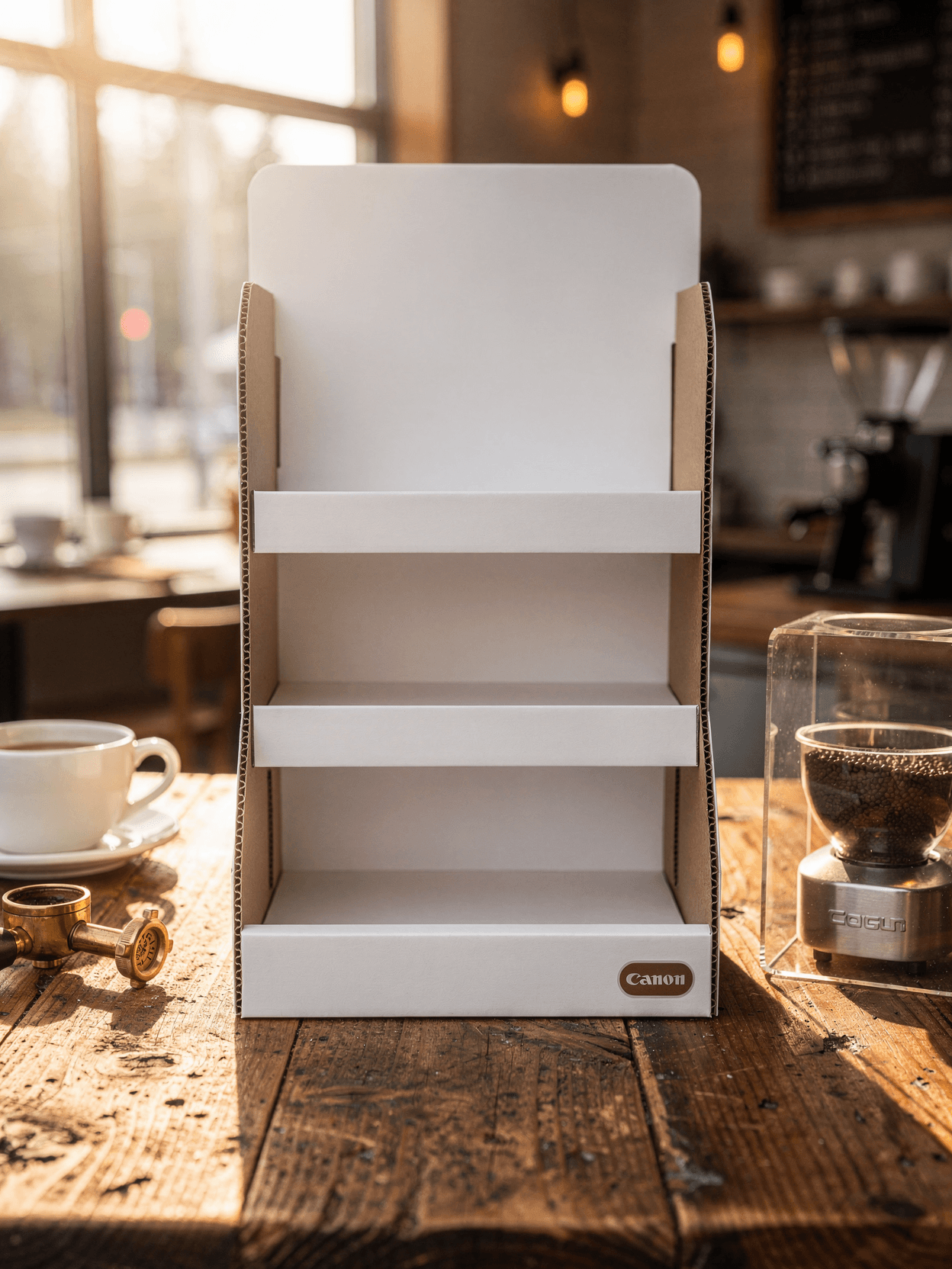 White Cardboard Counter Display Mockup - Cafe Setting