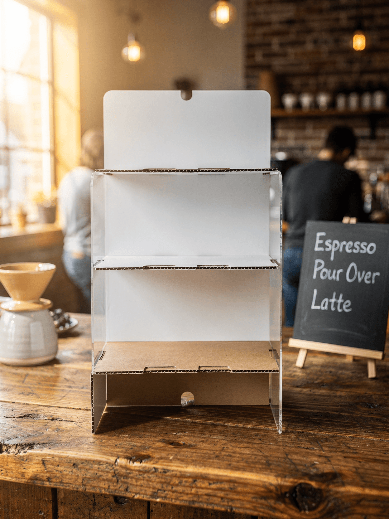 White Corrugated Counter Display Mockup - Cafe Setting