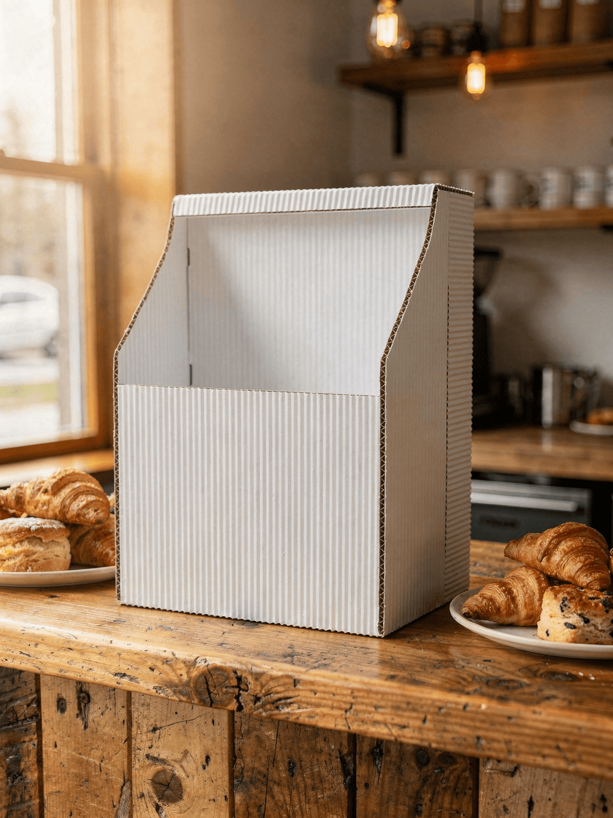 White Corrugated Counter Display Mockup - Café Setting: Branding Panel Close-Up