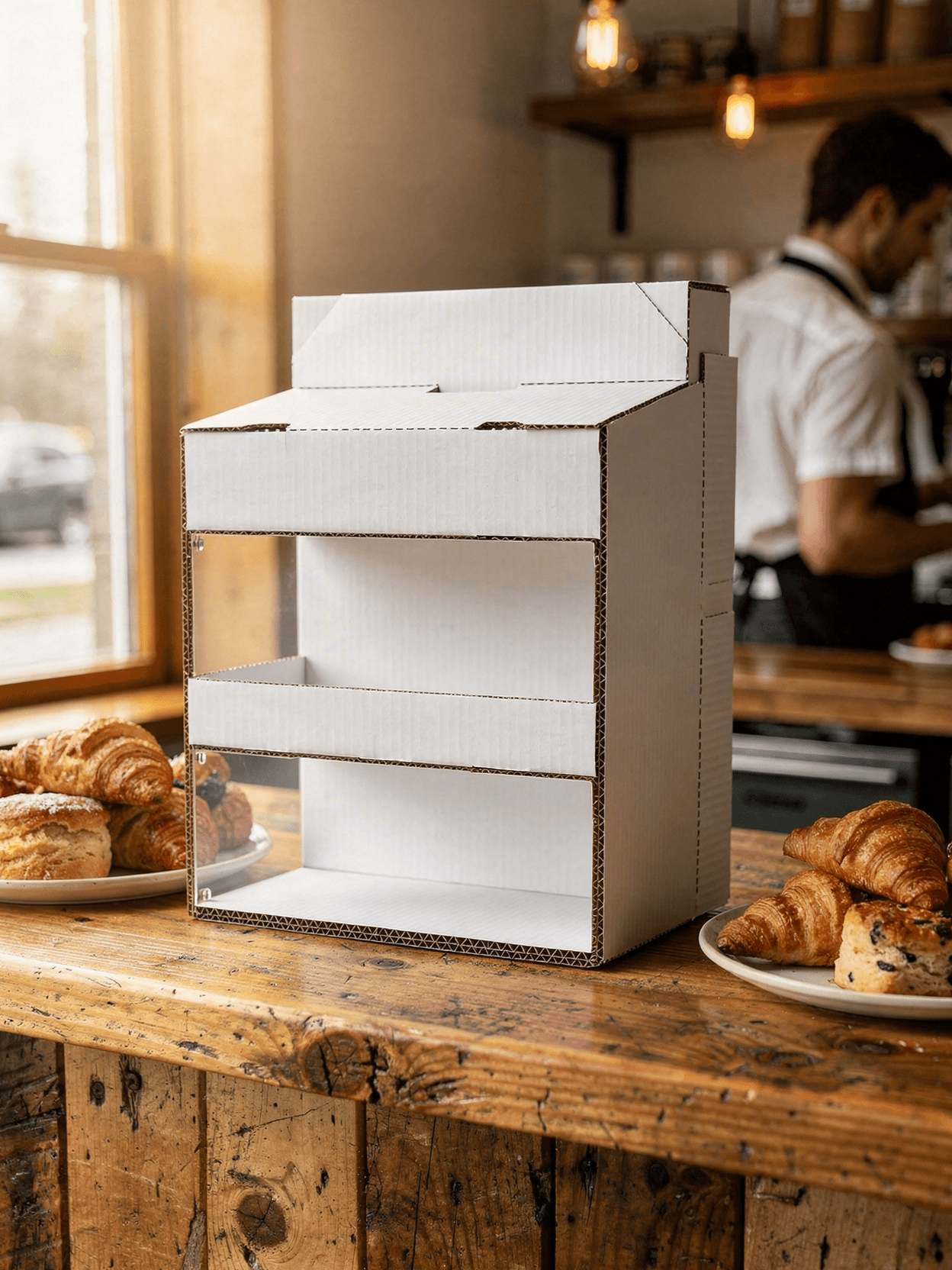White Corrugated Counter Display Mockup - Café Setting — Counter Environment Shot