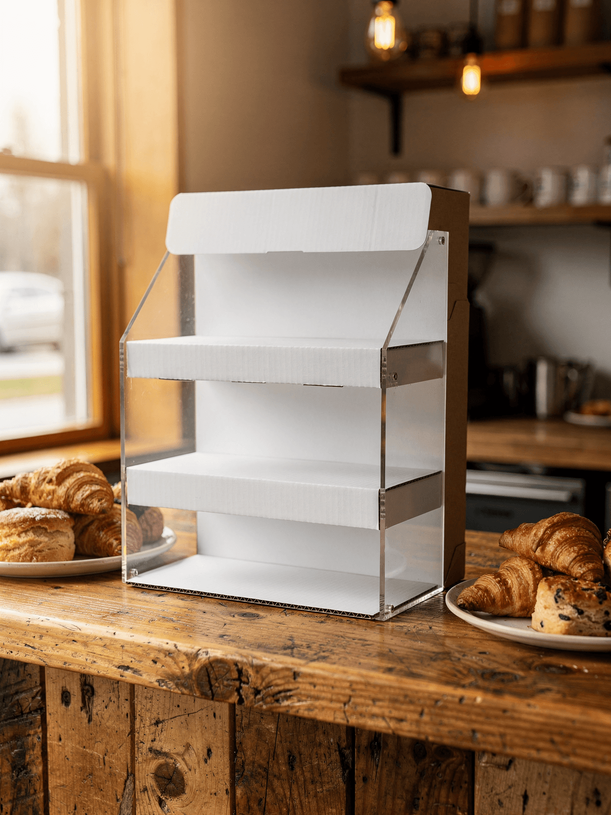 White Corrugated Counter Display Mockup - Café Setting