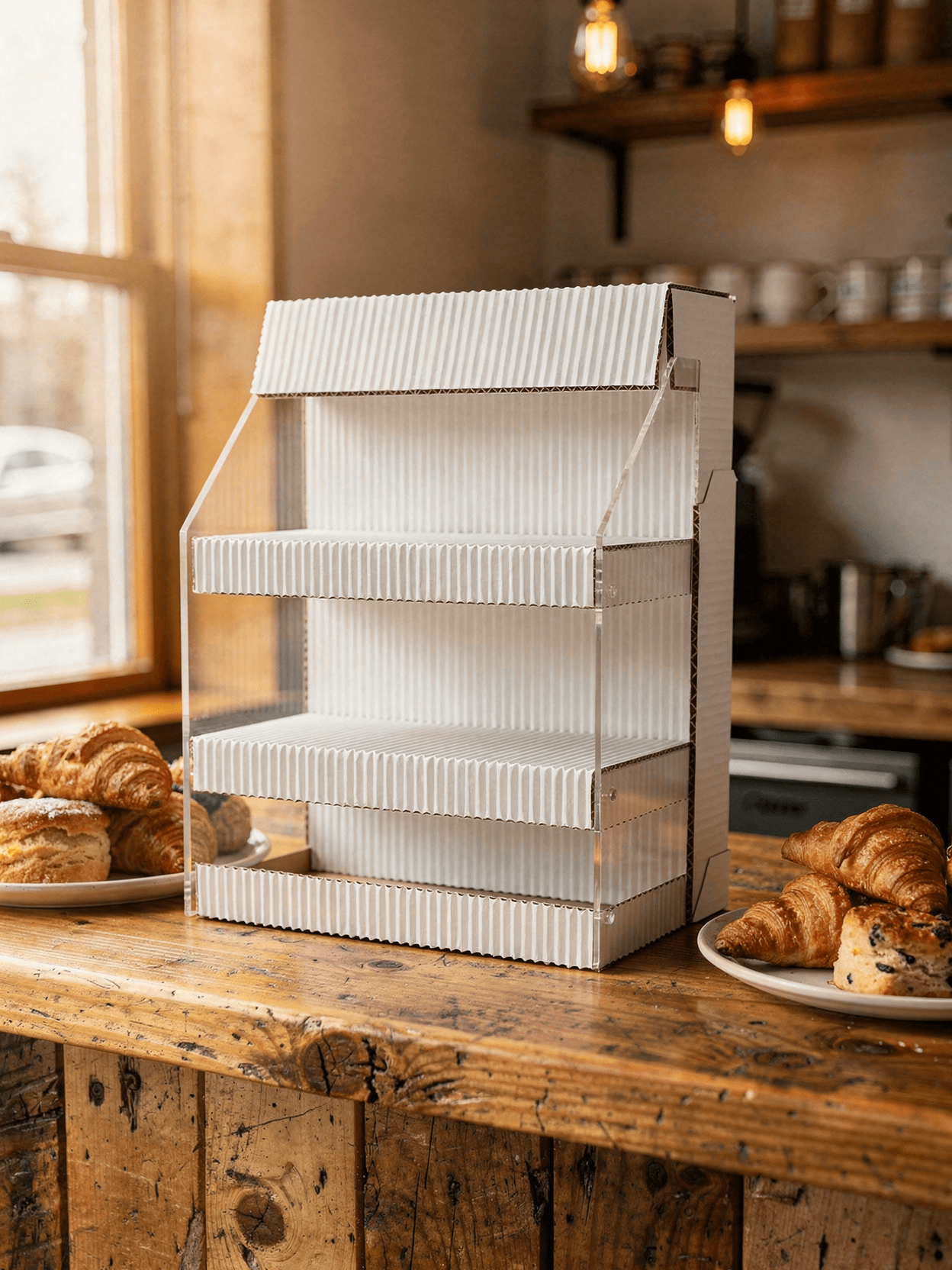 White Corrugated Counter Display Mockup - Café Setting — Top-Front Hybrid View