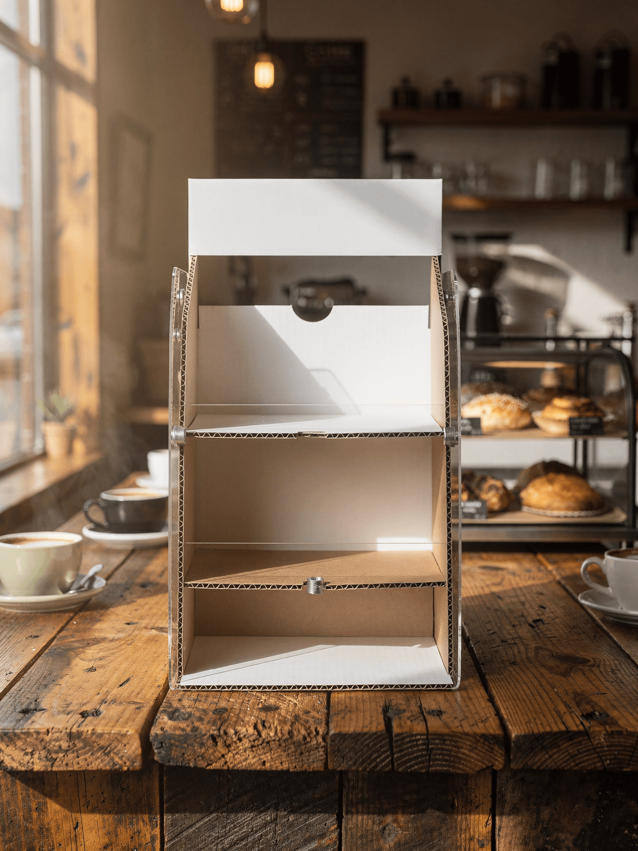 White Corrugated Counter Display Mockup - Café Setting