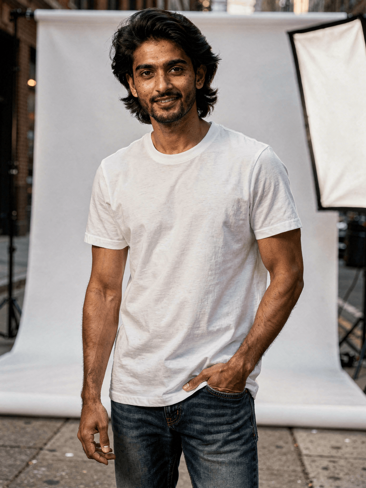 White CVC Blend Crewneck T-Shirt Mockup on Male Model