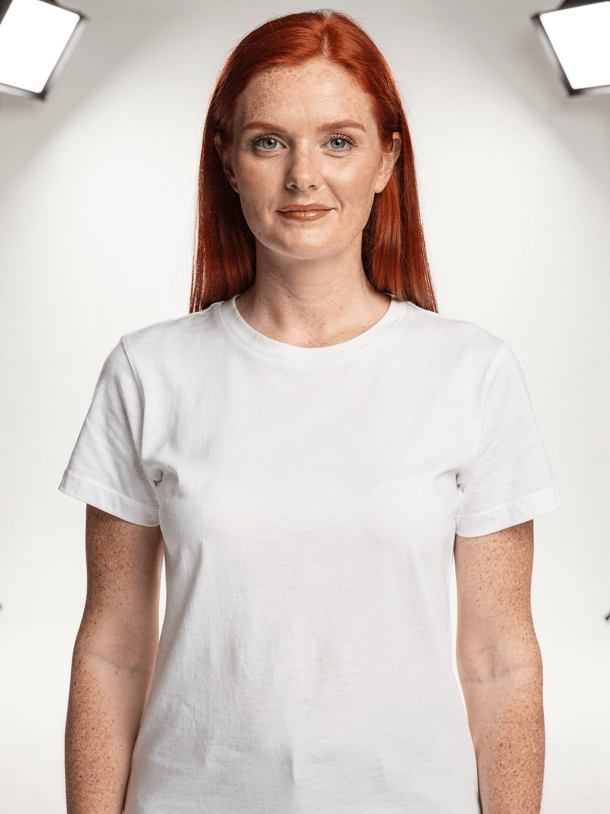 White Organic Cotton Crewneck Tee Mockup on Female Model