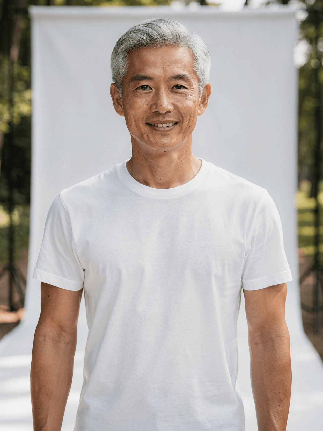 White Polyester Crewneck T-Shirt Mockup on Male Model