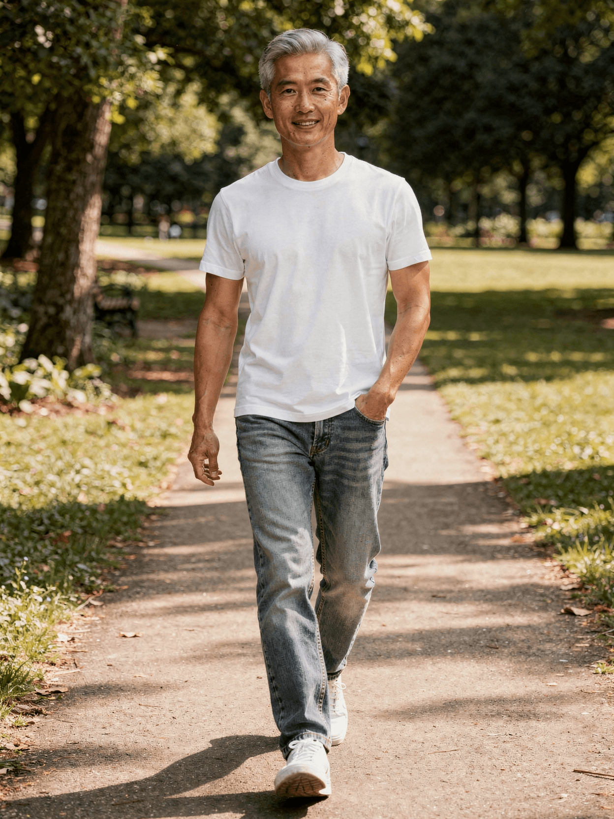 White Polyester Crewneck T-Shirt Mockup on Male Model: Lifestyle Casual