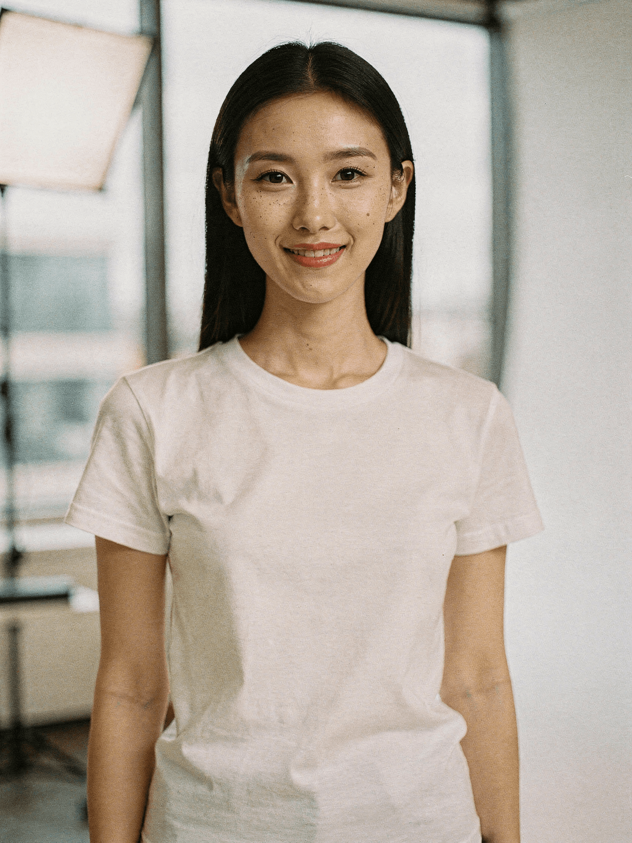 White Tri-Blend Crewneck Tee Mockup on Female Model
