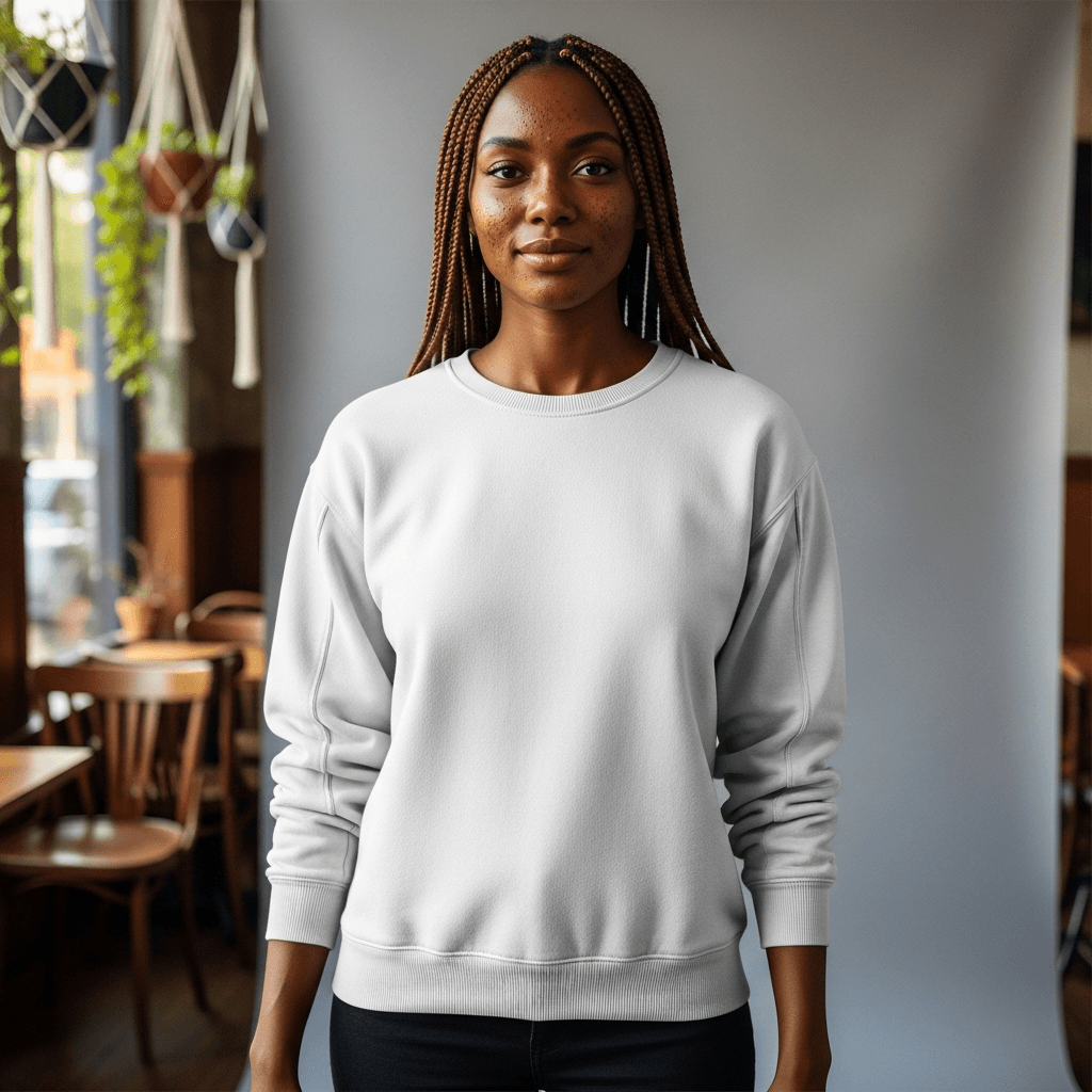 White Crewneck Sweatshirt Mockup - Cafe Lifestyle