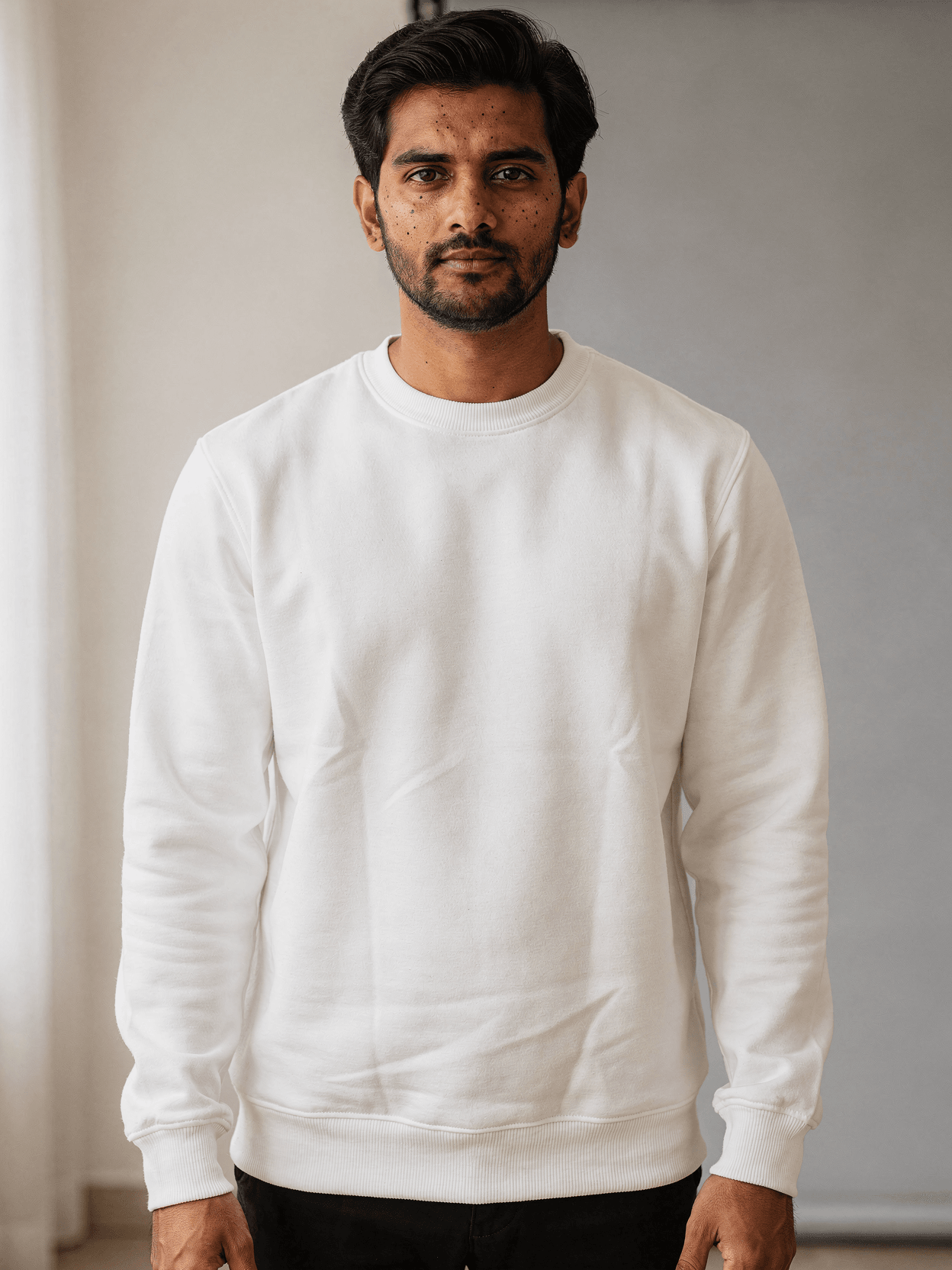 White Tri-Blend Crewneck Sweatshirt on Male Model