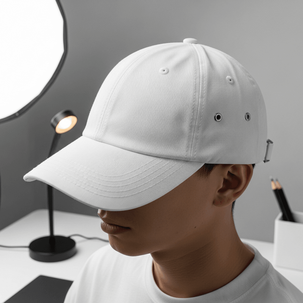 White Cotton Canvas Dad Hat Mockup - Desk Setup