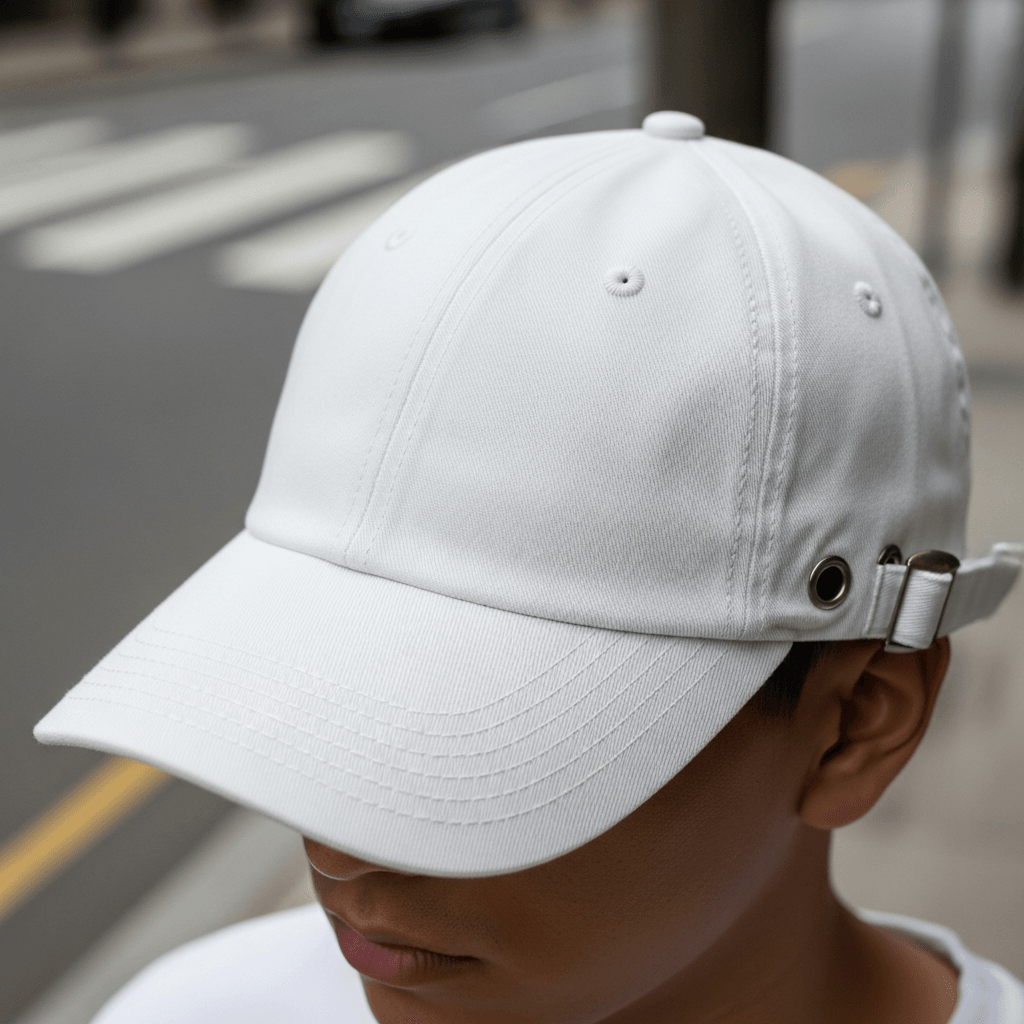 White Cotton Twill Dad Hat Mockup - Urban Setting