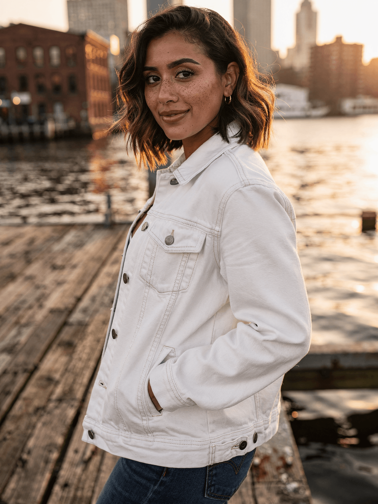 White Denim Jacket Mockup on Female Model