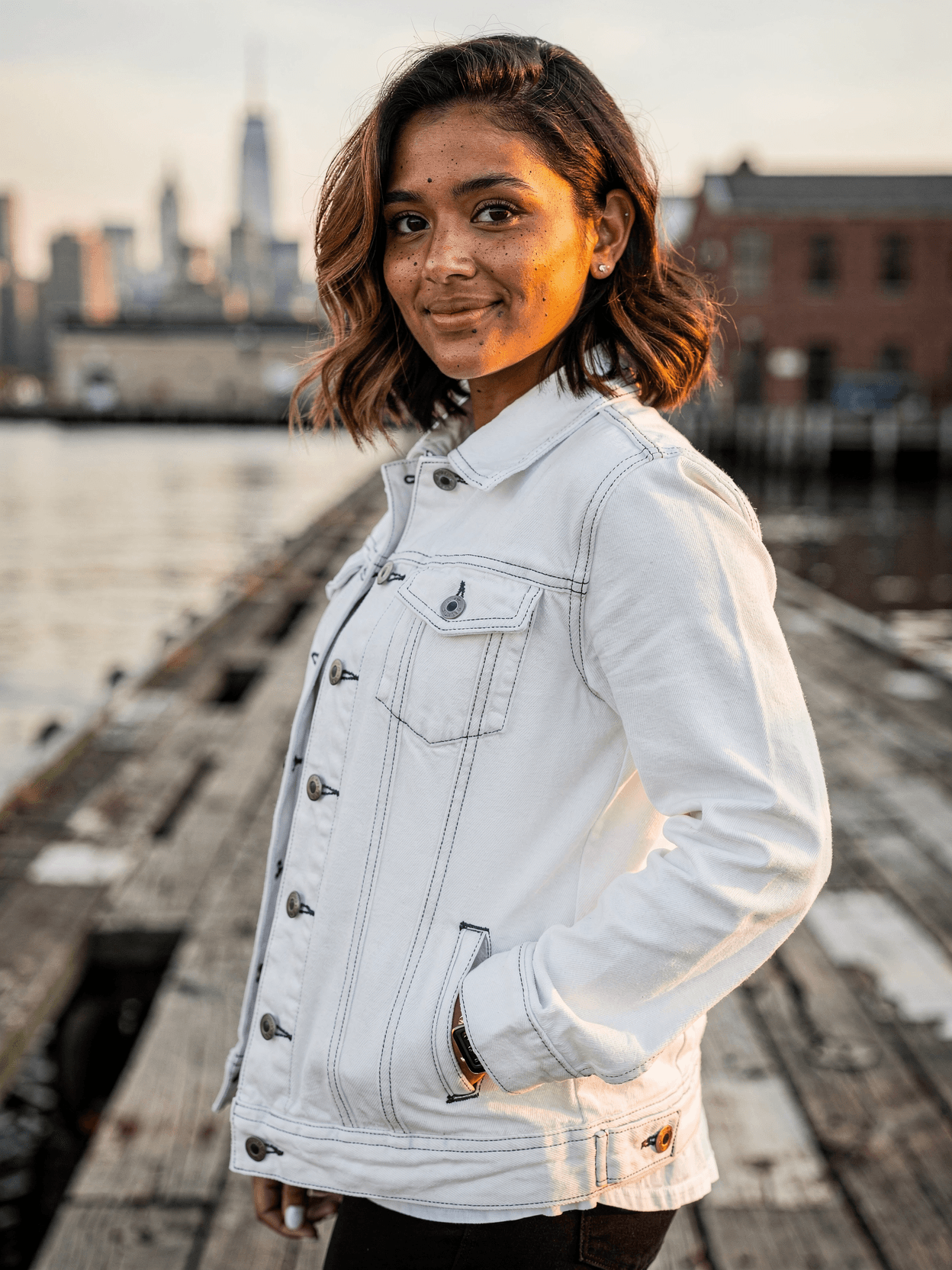 White Organic Cotton Denim Jacket Mockup on Female Model