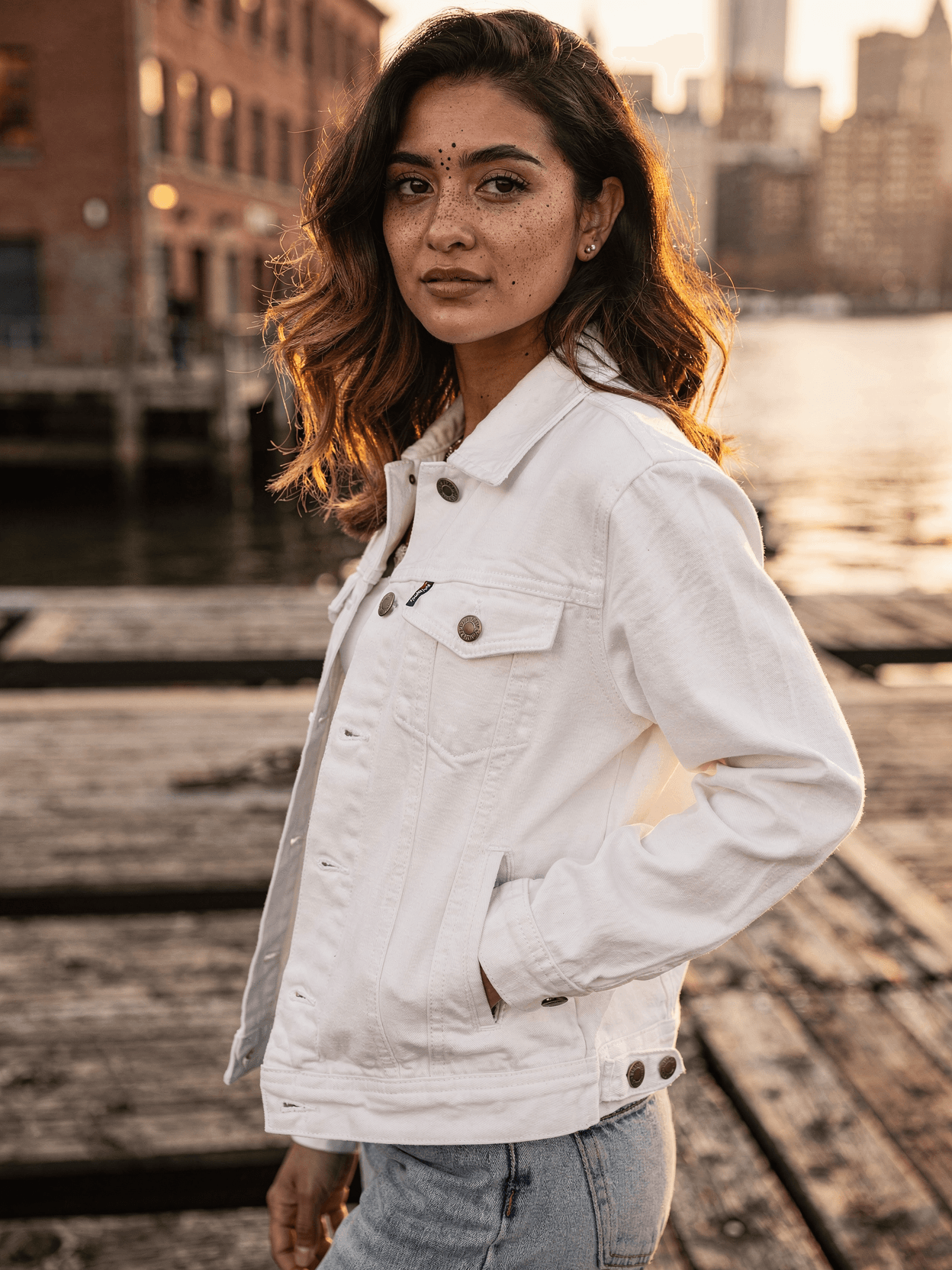 White Denim Jacket Mockup on Female Model