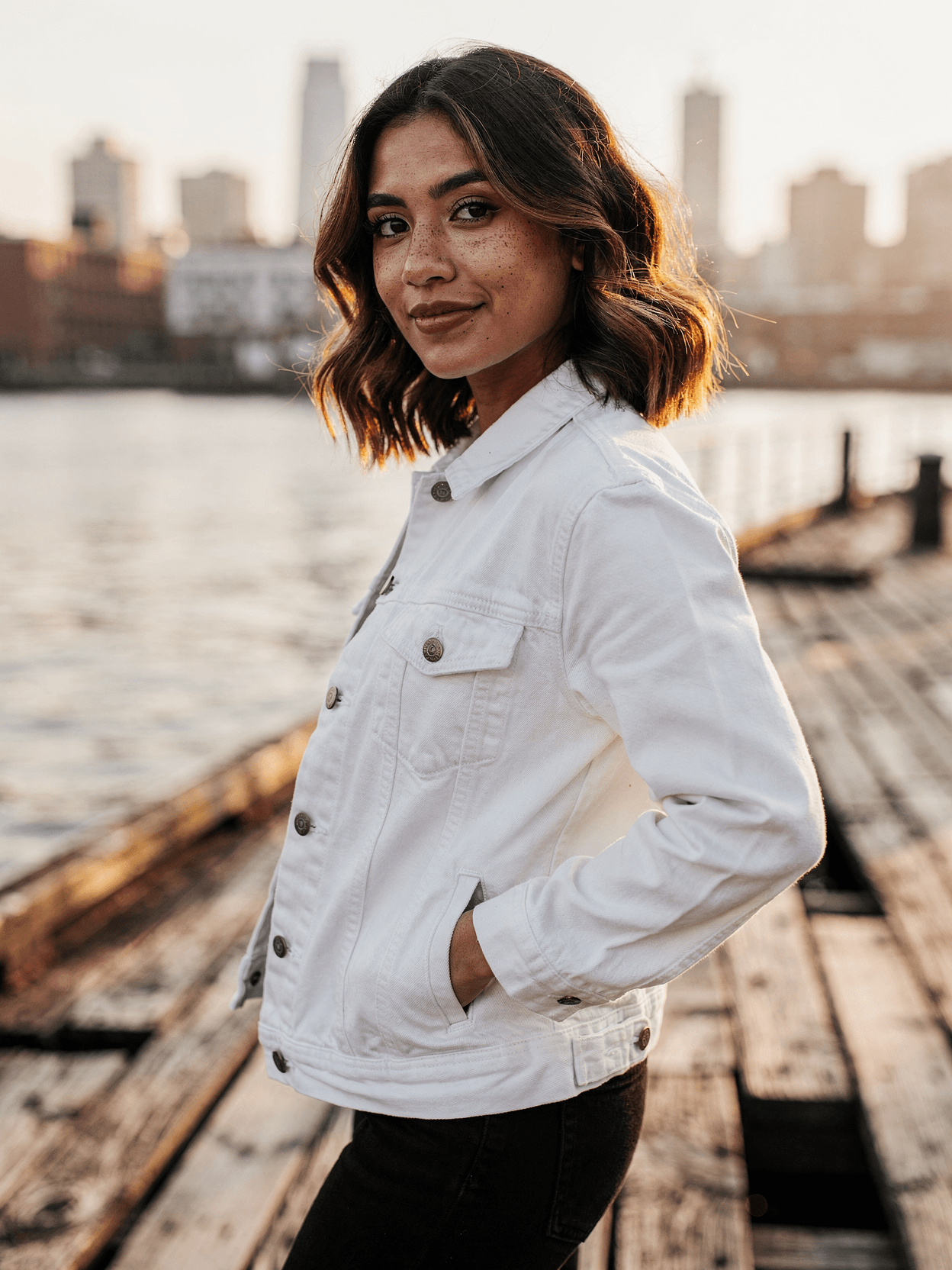White Tri-Blend Denim Jacket Mockup on Female Model