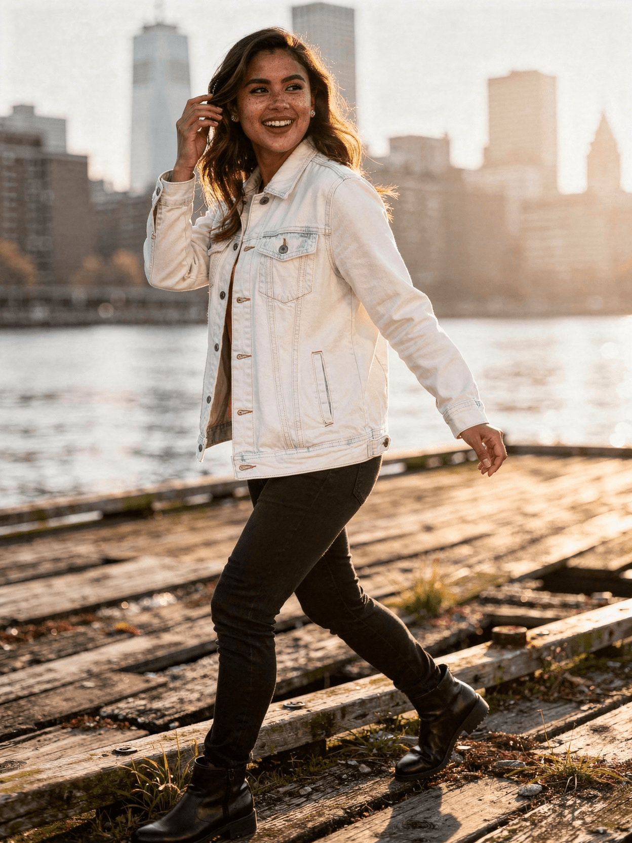 White Denim Jacket Mockup on Female Model — Lifestyle Shot