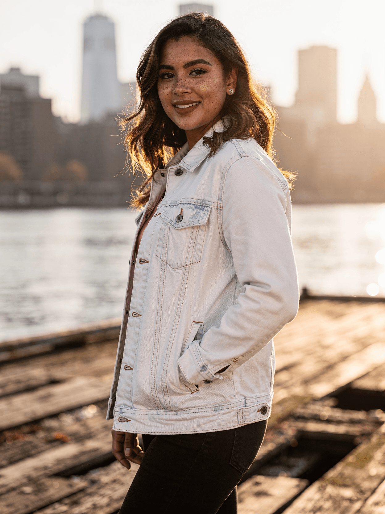White Denim Jacket Mockup on Female Model
