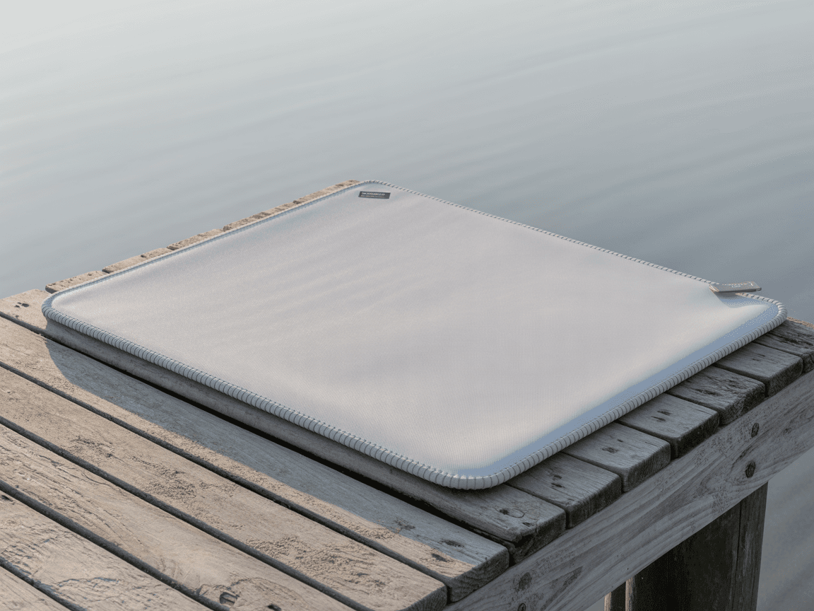 White Cotton Blend Desk Mat Mockup - Coastal Setting — Angled Perspective