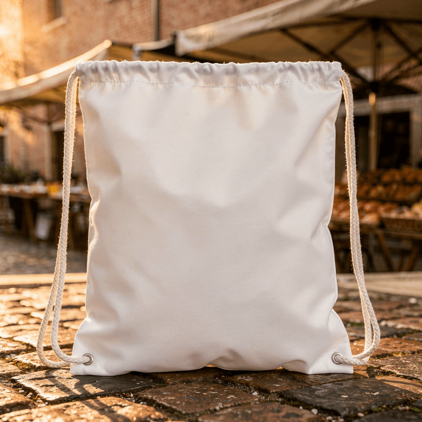 White Washed Canvas Drawstring Bag Mockup — Front Flat Product View