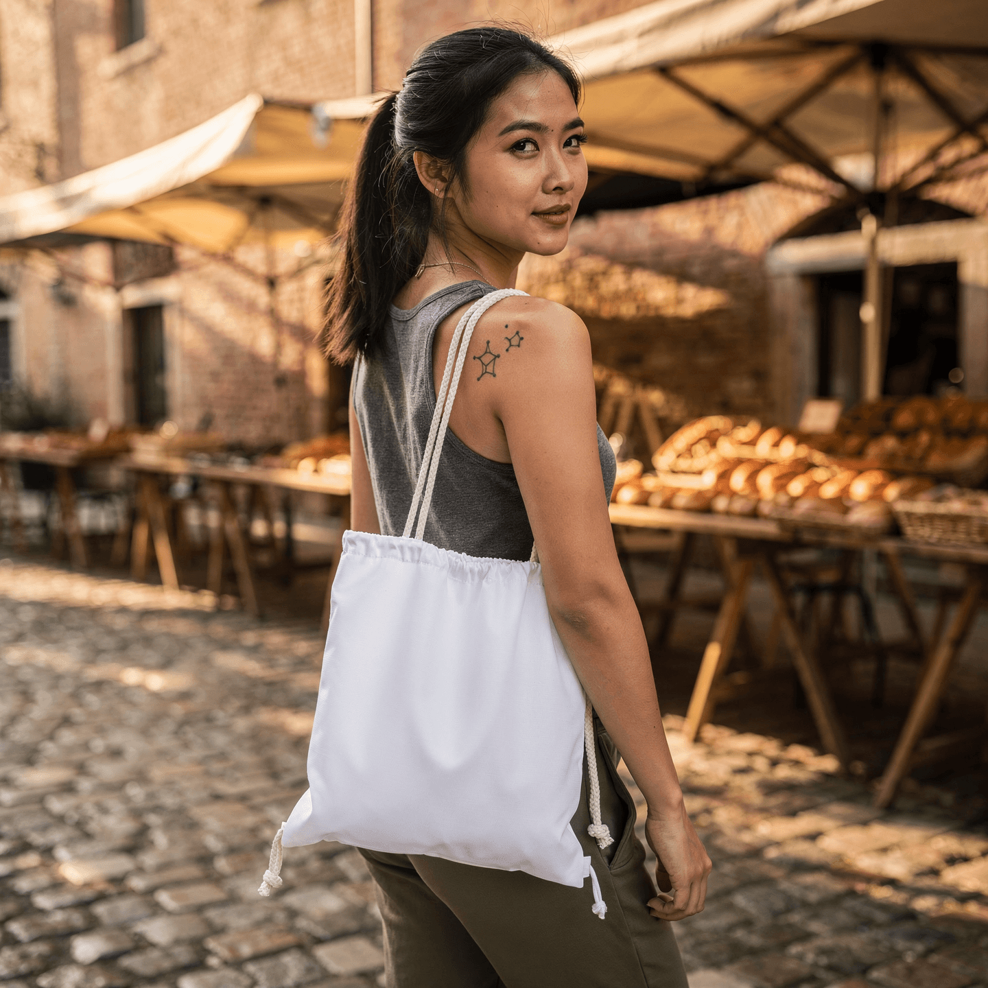 White Washed Canvas Drawstring Bag Mockup — Three-Quarter Carried View