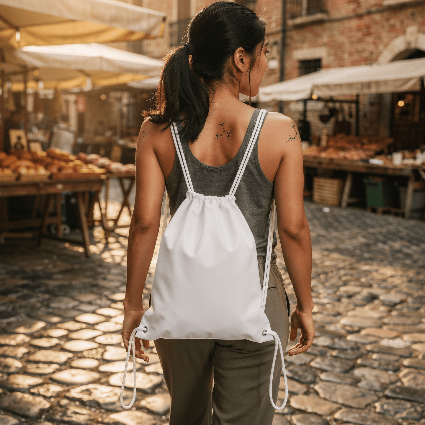 White Cotton Drawstring Bag Mockup - 6 Angles — Active Lifestyle Use