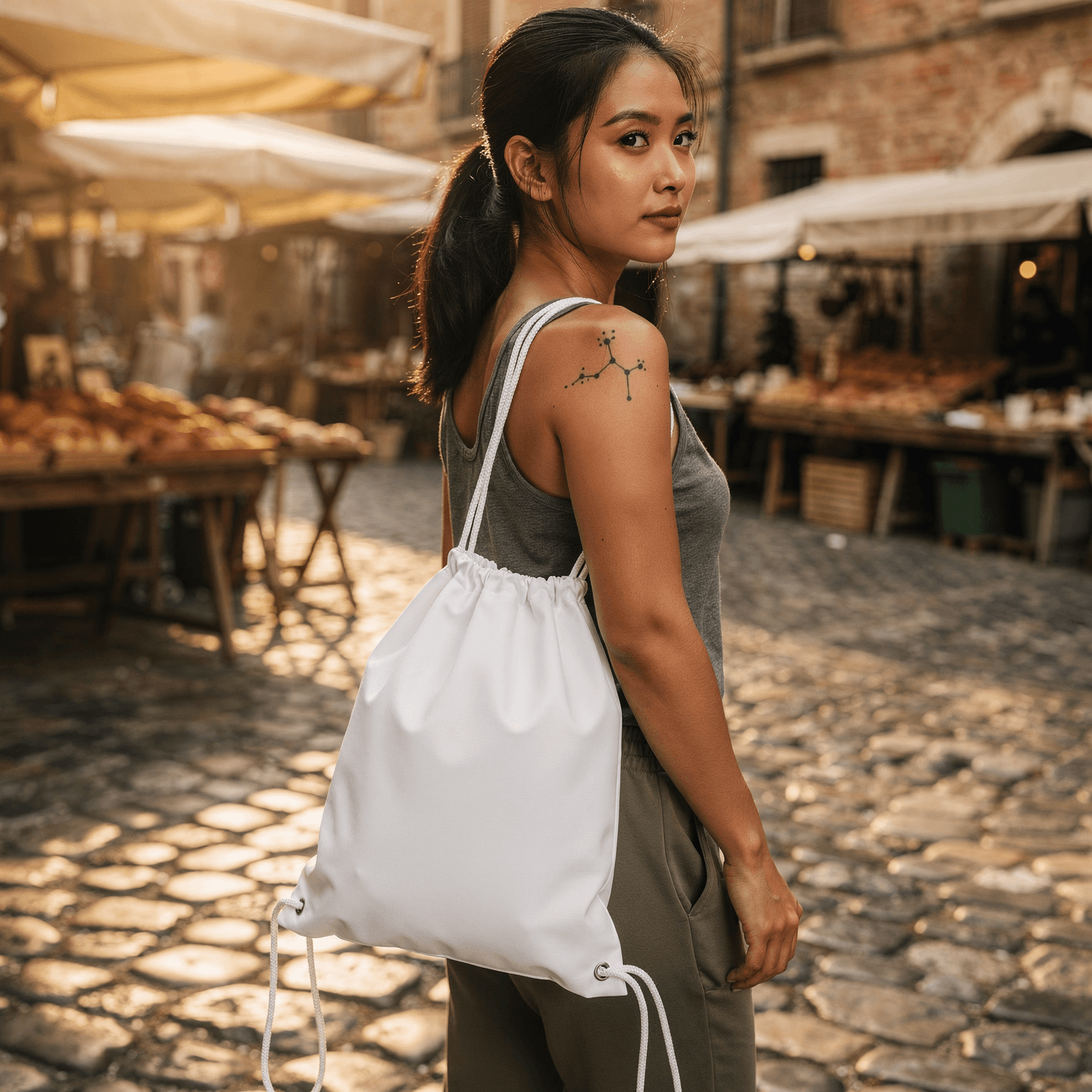 White Cotton Drawstring Bag Mockup - 6 Angles