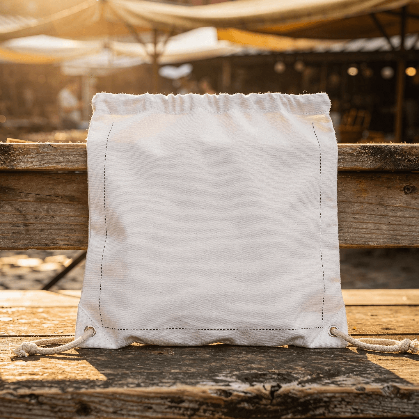 White Cotton Canvas Drawstring Bag Mockup — Front Flat Product View