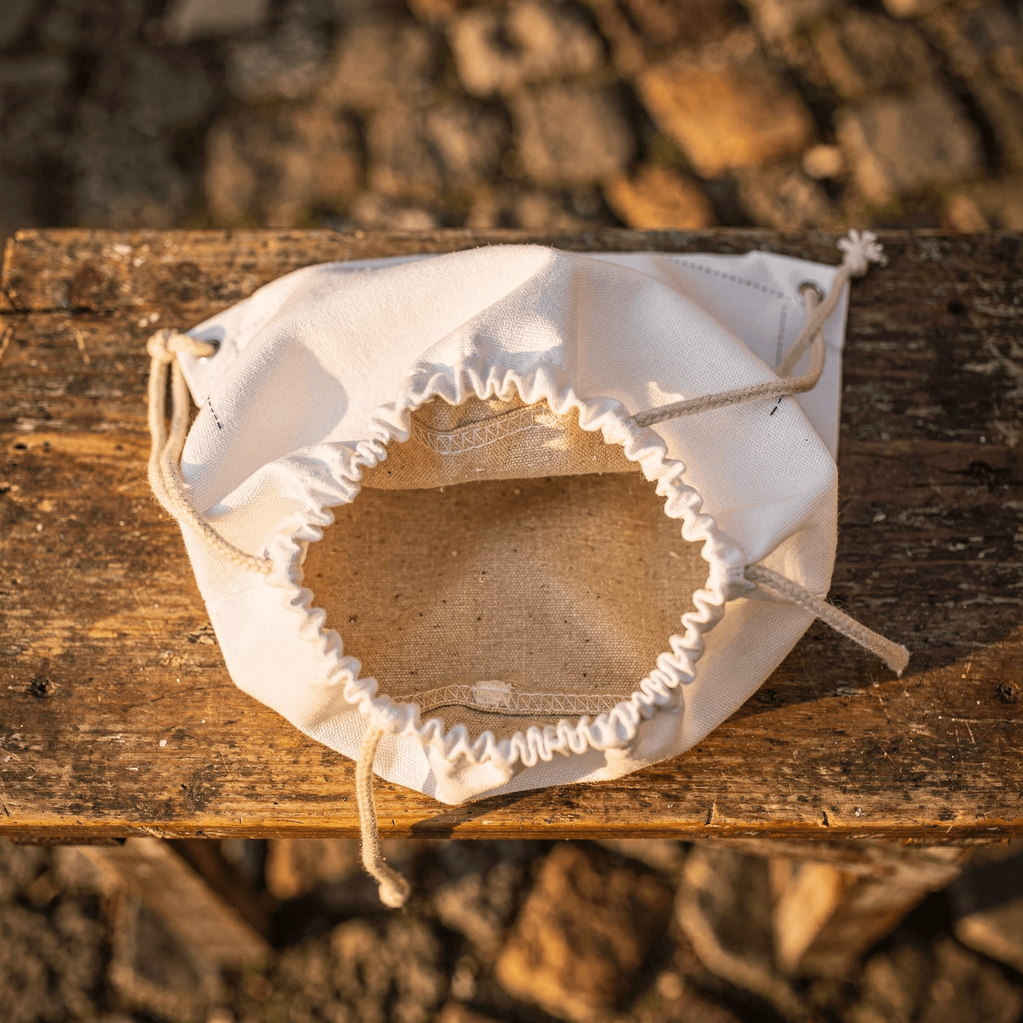 White Cotton Canvas Drawstring Bag Mockup — Overhead Open View