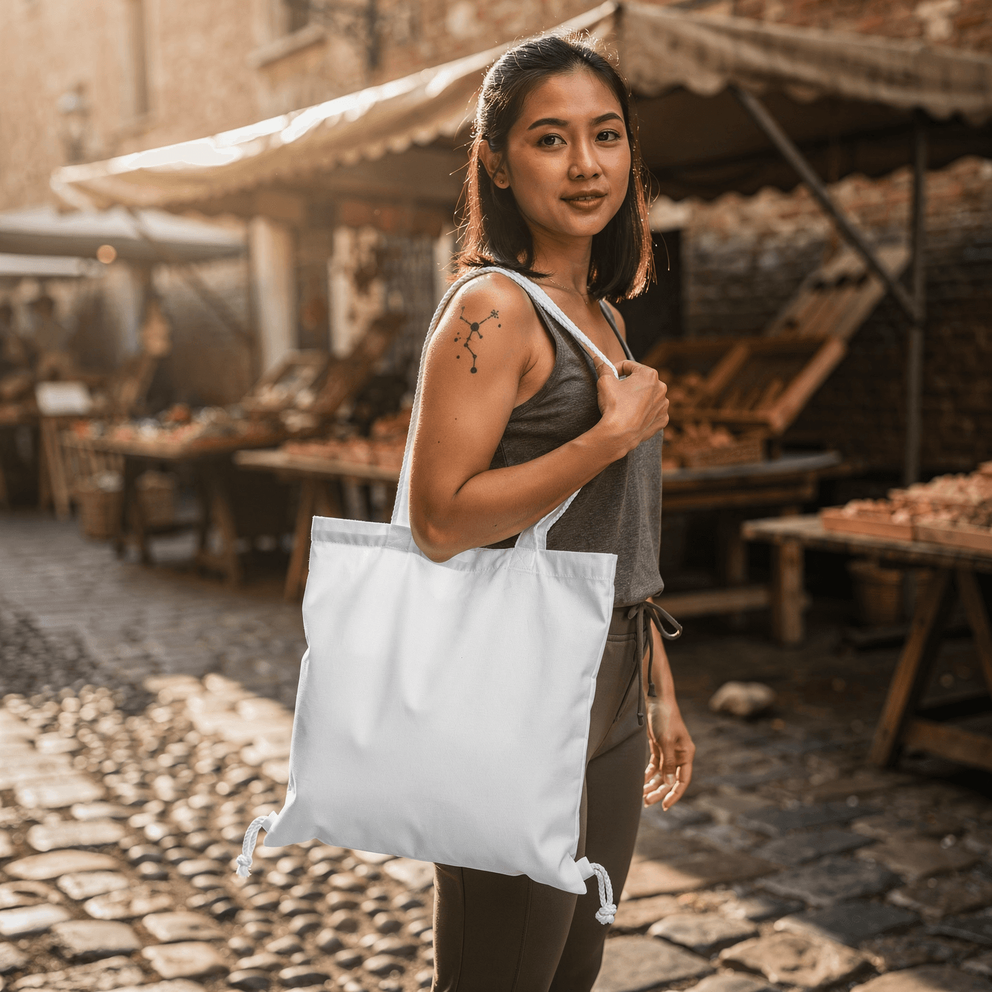 White Cotton Drawstring Bag Mockup - Market Setting — Three-Quarter Carried View