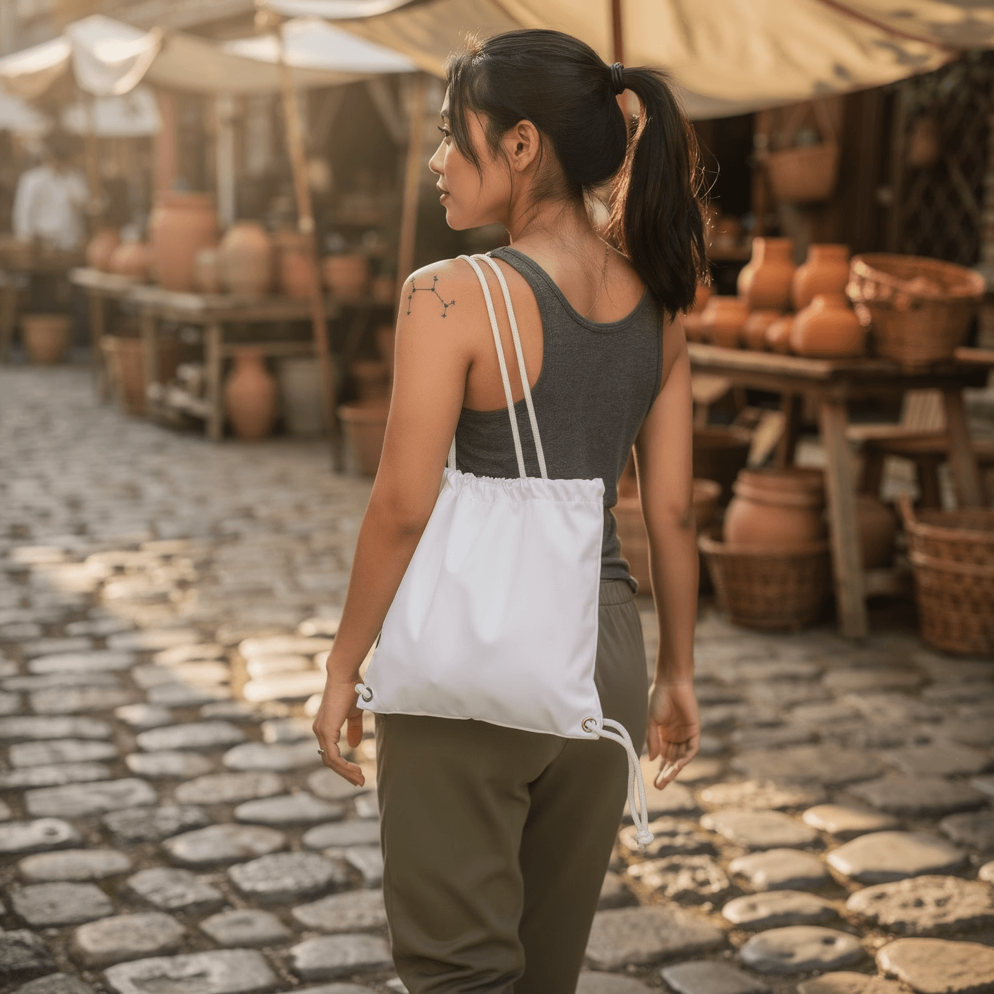 White Cotton Drawstring Bag Mockup - Market Setting — Active Lifestyle Use