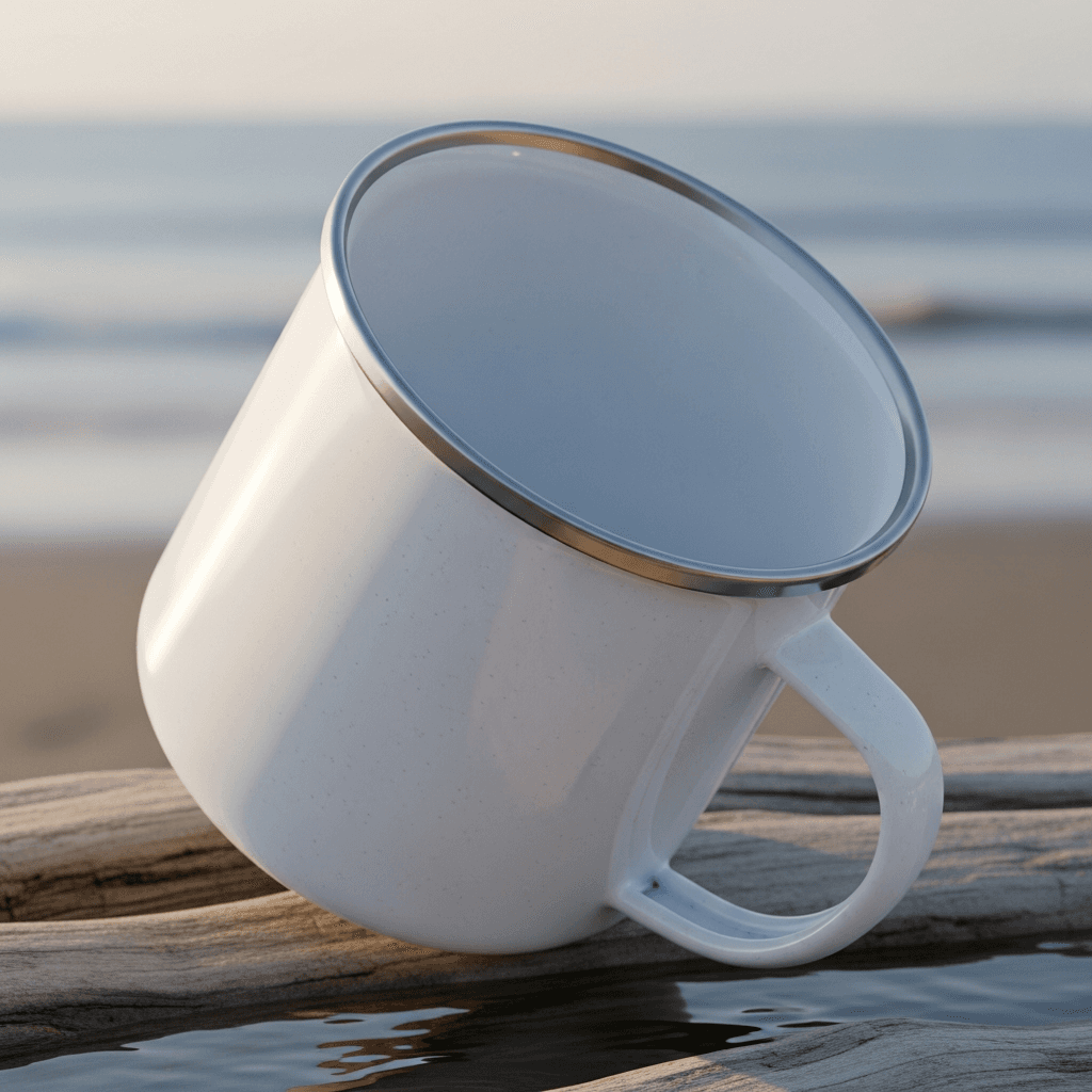 White Enamel Camping Mug Mockup - Coastal Setting