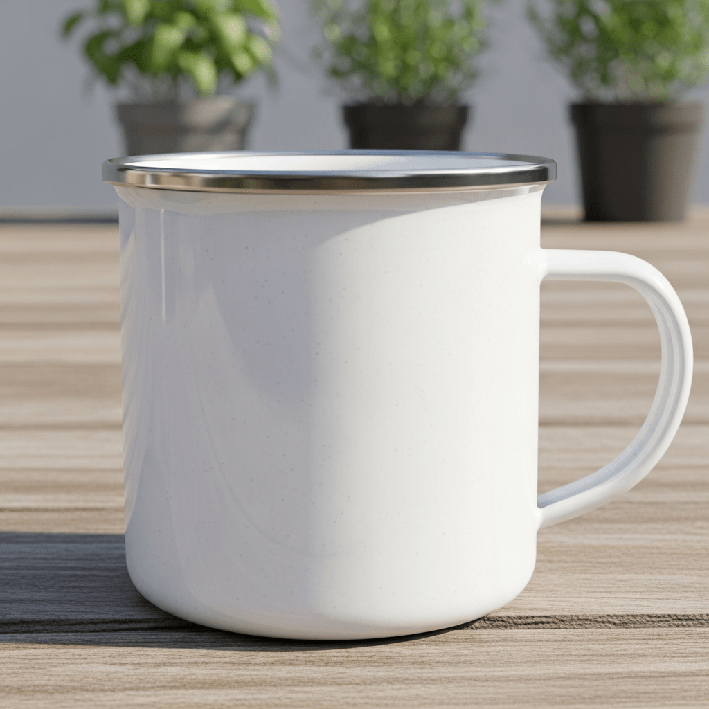 White Enamel Camp Mug Mockup - Garden Terrace