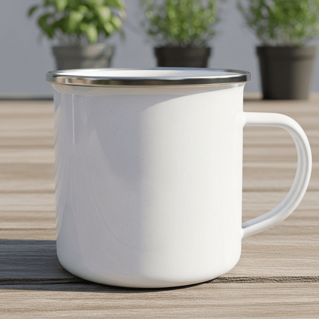 White Enamel Camp Mug Mockup - Garden Terrace
